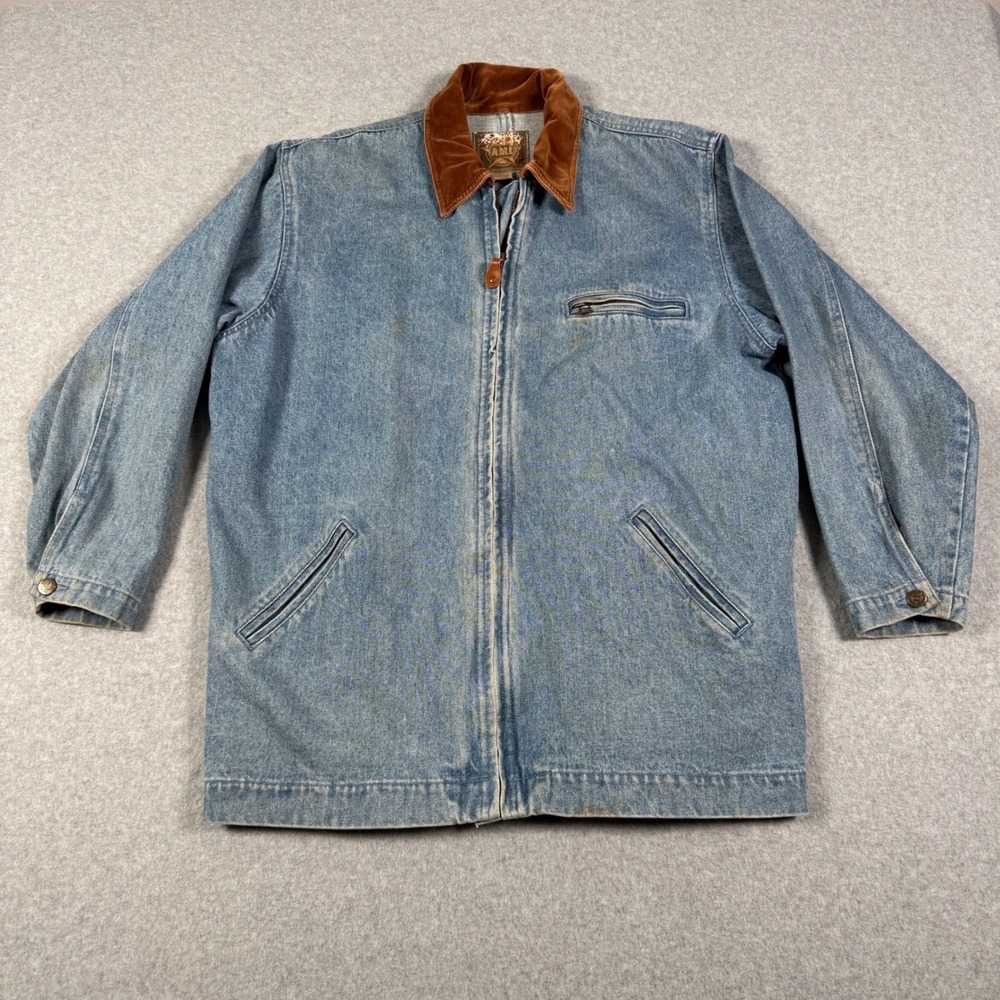 Vintage AMI Denim Work Jacket Mens Blue Corduroy Collar Zip Front Coat 5510A